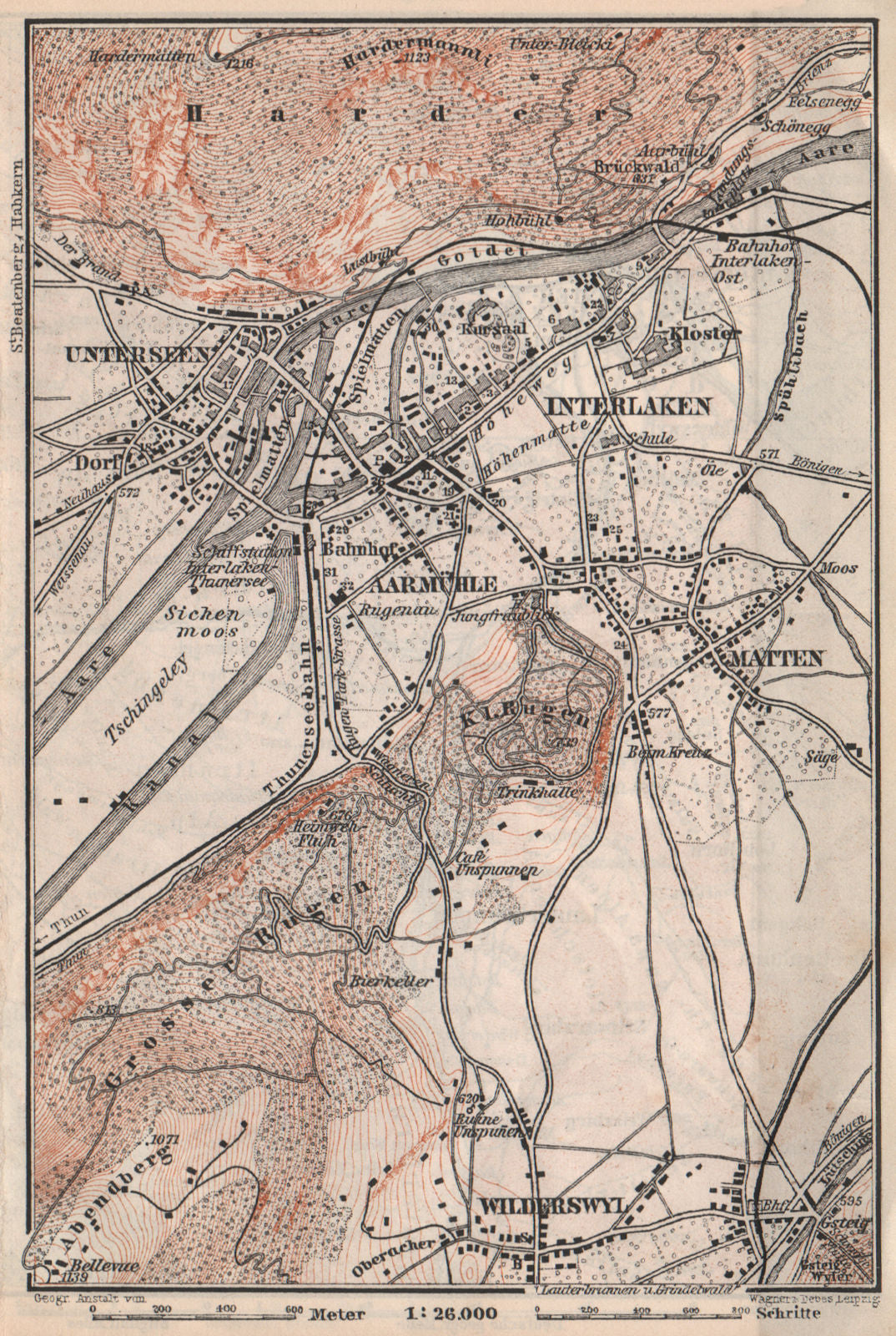 INTERLAKEN ENVIRONS. Unterseen Matten Aarmuhle Wilderswyl. Schweiz 1897 map